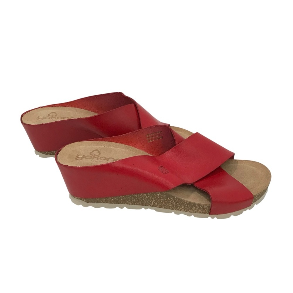 Yokono Candela Red Leather Criss Cross Cork Wedge Slip on Sandals Wms 9US 40EU